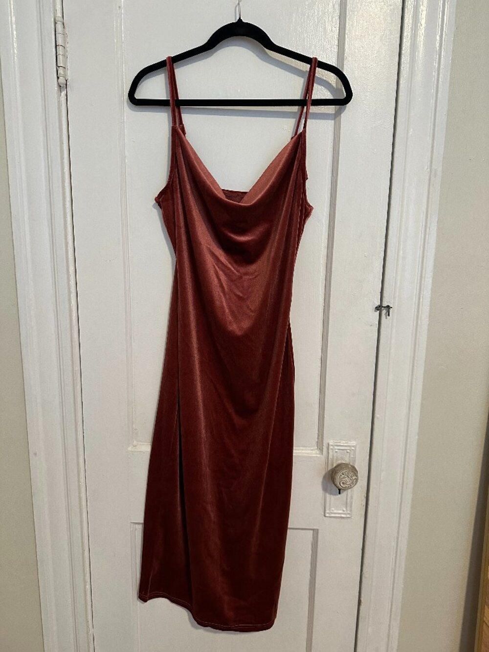 Rose pink velvet-y cowl neck dress